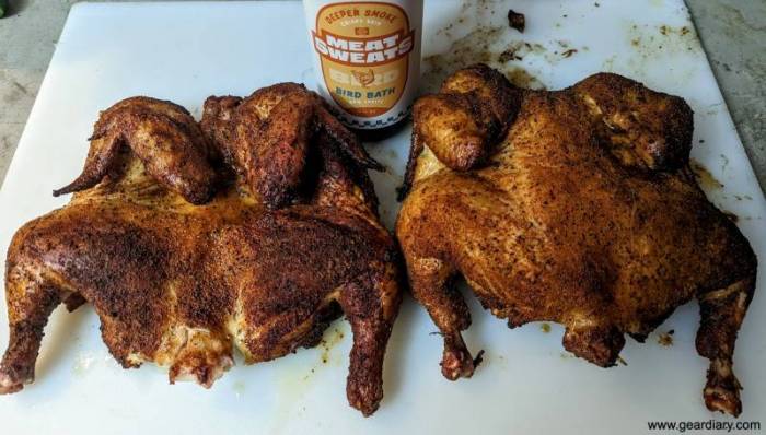 Two whole chickens cooked with Meat Sweats BBQ Spritz Bird Bath.