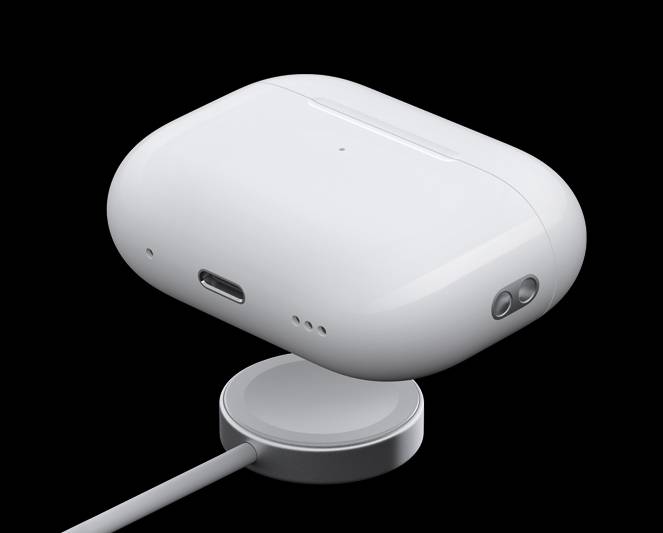The 2nd generation AirPods Pro on their charger. 