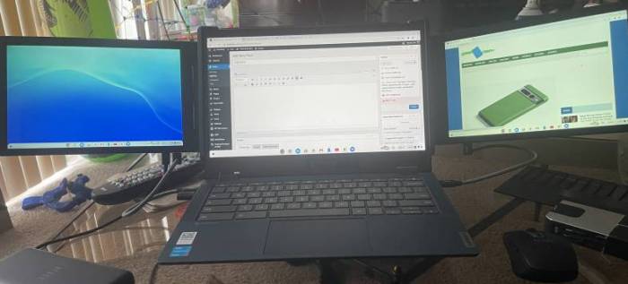 The Xebec Tri-Screen 2 set up on the author's laptop, resulting in three displays.