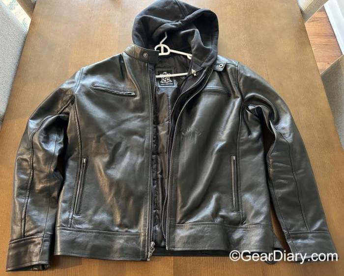 The Angel Jackets Dodge is a black leather bomber with a detachable hood