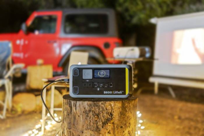 A Litheli B600 Portable Power Station powers gear at a campsite. 