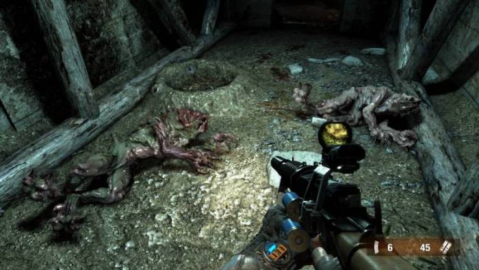 A scene wit dead creatures and gold in the game "Metro 2033 Redux"