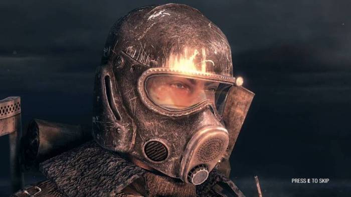 A character wears a gas mask in in the game Metro 2033 Redux