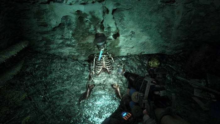 a skeleton sits leaning against the wall in the game "Metro 2033 Redux"