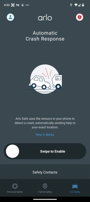 Arlo Safe automatic scrash response screen in the app
