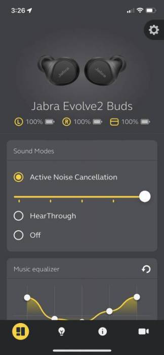 Jabra app in use with Jabra Evolve2 True Wireless Earbuds