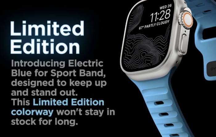 Text on the photo of the Nomad Sport Band in Limited Edition Electric Blue reads: Limited Edition - Introducing Electric Blue for Sport Band, designed to keep up and stand out. The Limited Edition colorway won't stay in stock for long. 