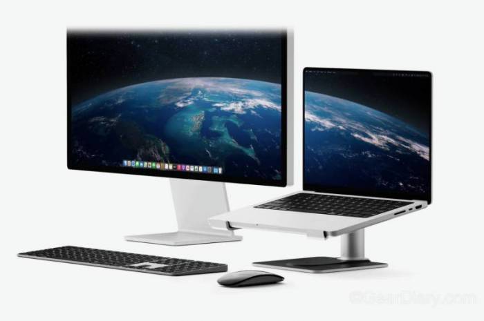 A monitor set-up next to a MacBook on the Twelve South HiRise Pro for MacBook