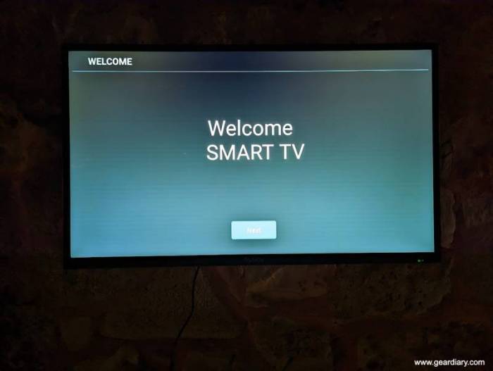 The welcome screen on the Slyvox 43" Outdoor TV
