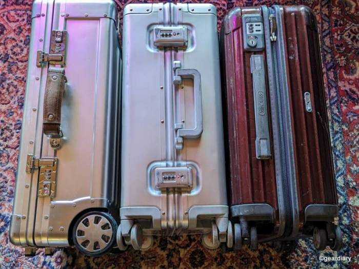 Photo showing a difference in the ways that the rear wheels protrude on the The Sterling Pacific 35L Cabin Travel Case vs. LEVEL8 Gibraltar vs. Rimowa Salsa Deluxe Cabin Mutiwheel.