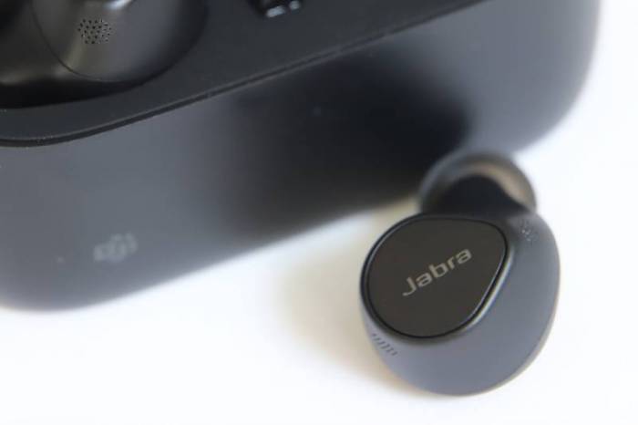 A closeup of a Jabra Evolve2 True Wireless Earbud