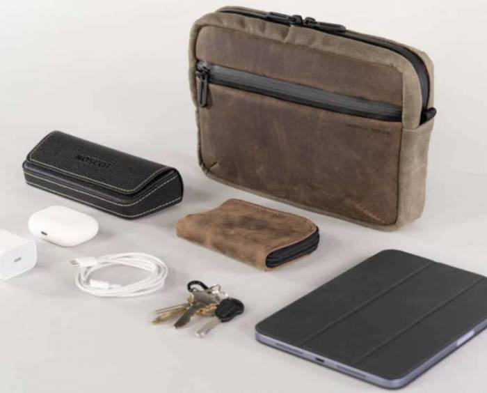 The WaterField Mason EDC Pouch with possible contents shown