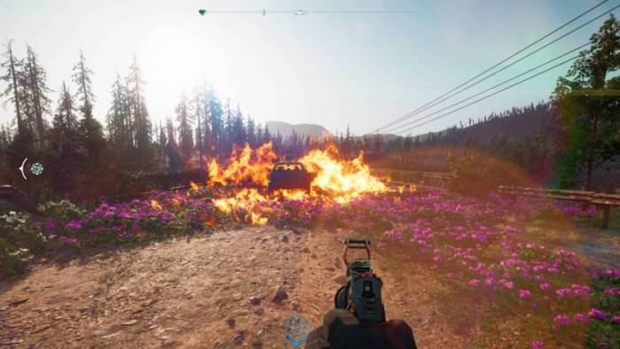 A car drives through a field of flowers that is on fire. POV is you are the shooter looking down the barrel of your weapon