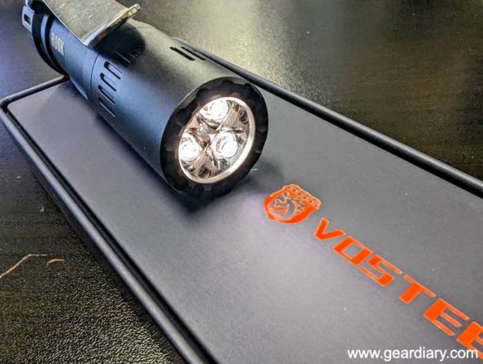 ReyLight X Vosteed Rook Flashlight with the LEDs on