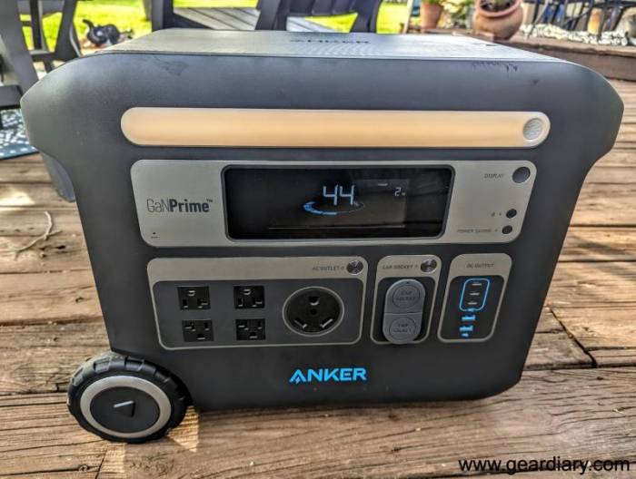 The front of the Anker PowerHouse 767, showing the display, light, and available ports and outlets
