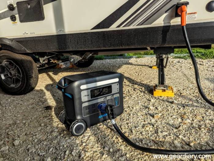 The Anker PowerHouse 767 plugged into the author's RV