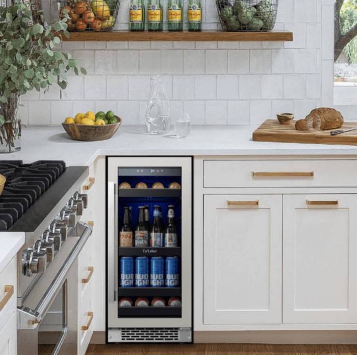 Stock photo showing the Ca'Lefort 15" 100-Can Beverage Refrigerator installed under a kitchen counter