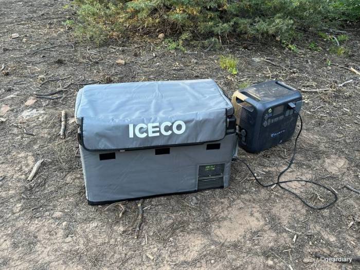 The ICECO VL60 in its insulated cover being powered by the Bluetti AC200 Max.