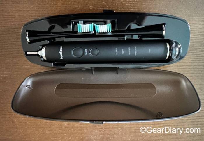 AquaSonic Black Series Electric Toothbrush travel case with two heads