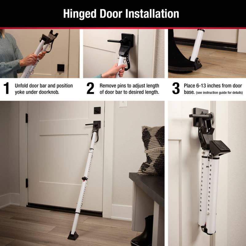 Instruction pictorial for using the Master Lock 270D Folding Door Security Bar on a hinged door