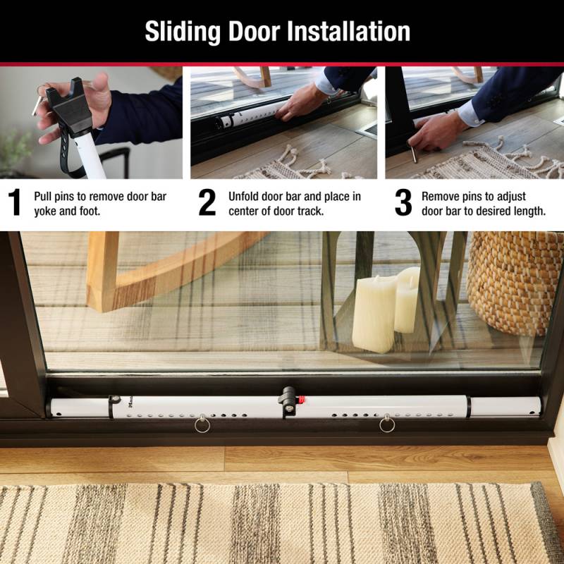 Instruction tutorial for using the Master Lock 270D Folding Door Security Bar on a sliding door