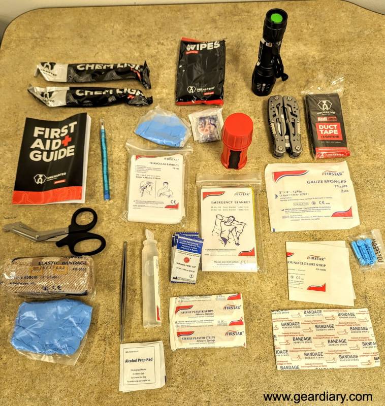 The contents of the Uncharted Supply Co. First Aid Plus laid out