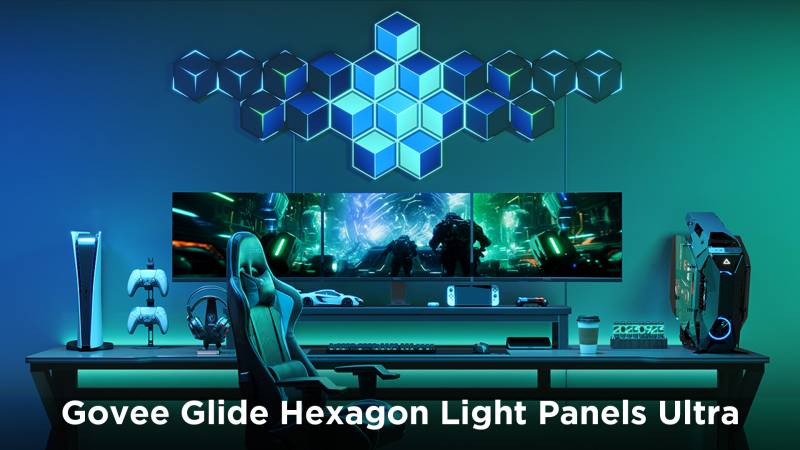 Govee Hexagon Light Panels Ultra shown above a gaming computer setup