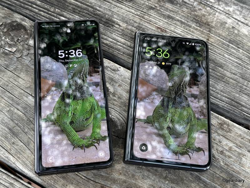 The folded Samsung Galaxy Z Fold5 and Google Pixel Fold with their displays turned on