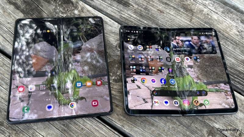 Samsung Galaxy Z Fold5 on the left; Google Pixel Fold on the right