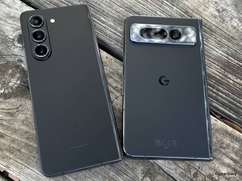 View of the device's backs: Samsung Galaxy Z Fold5 is on the left; Google Pixel Fold is on the right.