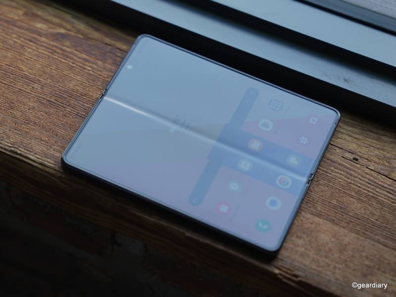 In this photo, you can see the under-display selfie cam and the crease of the unfolded Samsung Galaxy Z Fold5