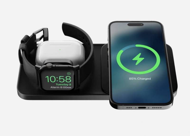 Apple watch, iPhone, and AirPods on the Nomad Base One Max 3-in-1 MagSafe Charger