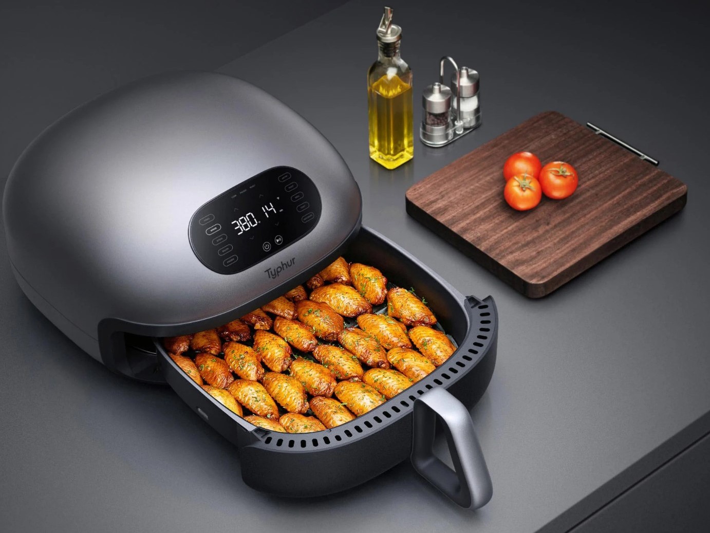 Typhur Dome AirFryer loaded with chicken wings