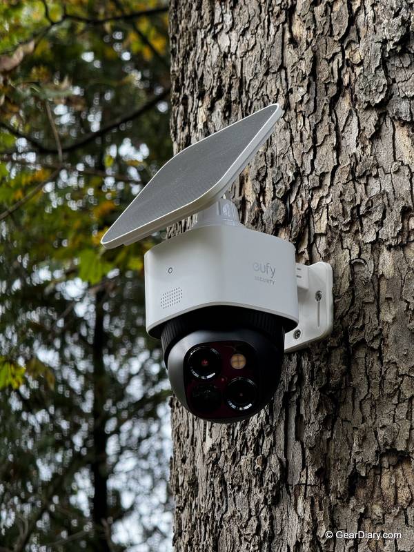 Eufy SoloCam S340 mounted to a tree in the author's yard