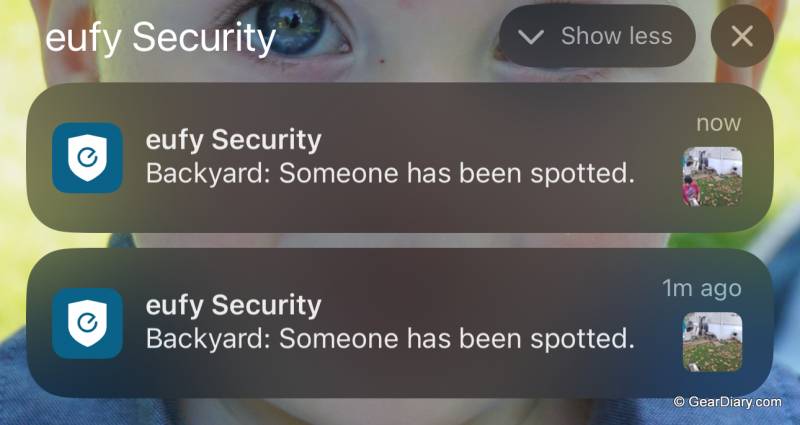 The Eufy security app pushes thumbnails of noticed activity
