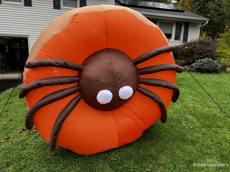 The Dunkin' Spider Donut Inflatable inflated and installed in the author's yard.