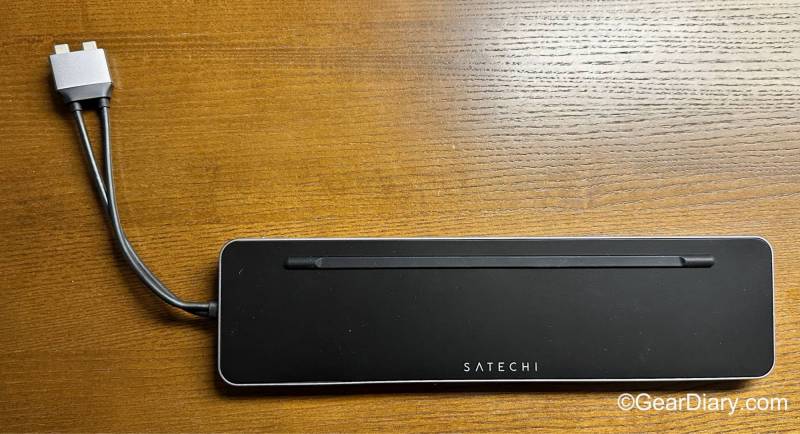 The Satechi USB-C Dual Dock Stand from the top; it has a rubber grip to help keep your MacBook seated on top