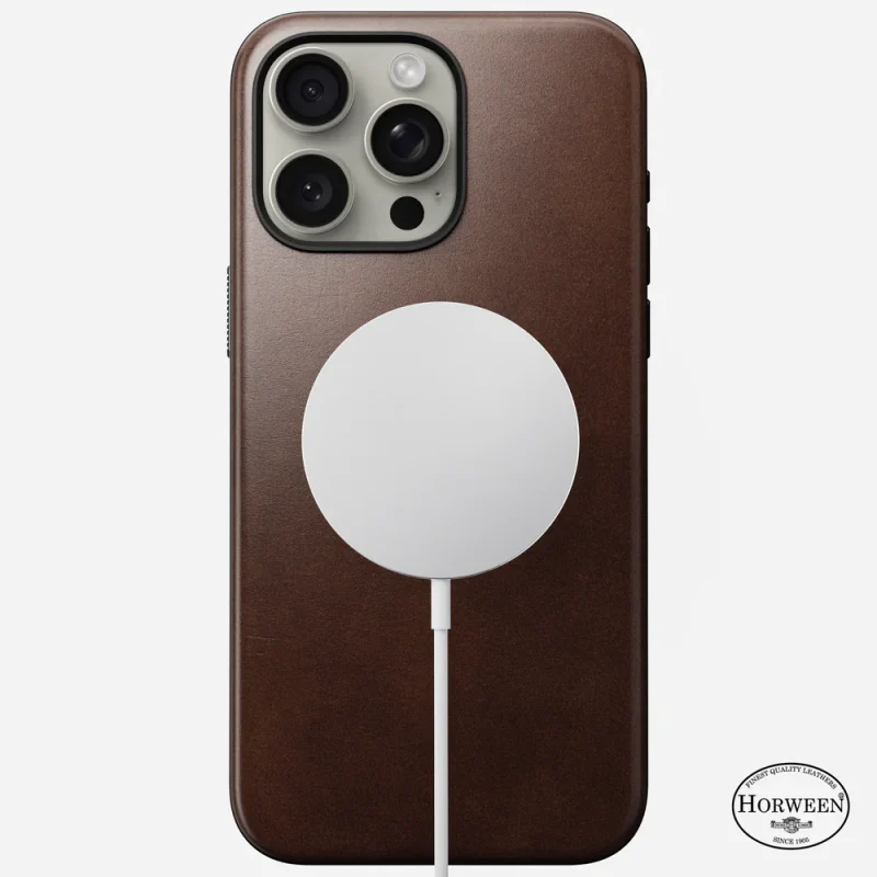 Nomad Modern Leather Case in Rustic Brown Horween Leather with MagSafe Charger attached