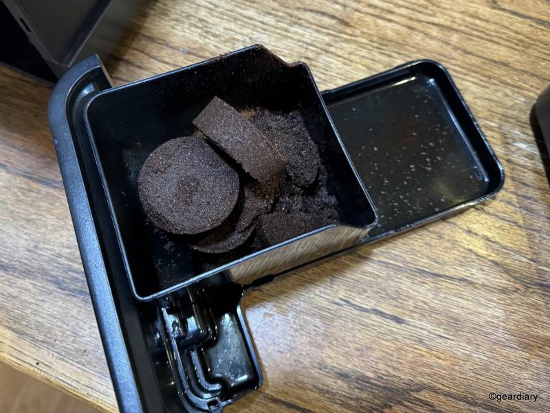 Coffee ground pucks in the bin