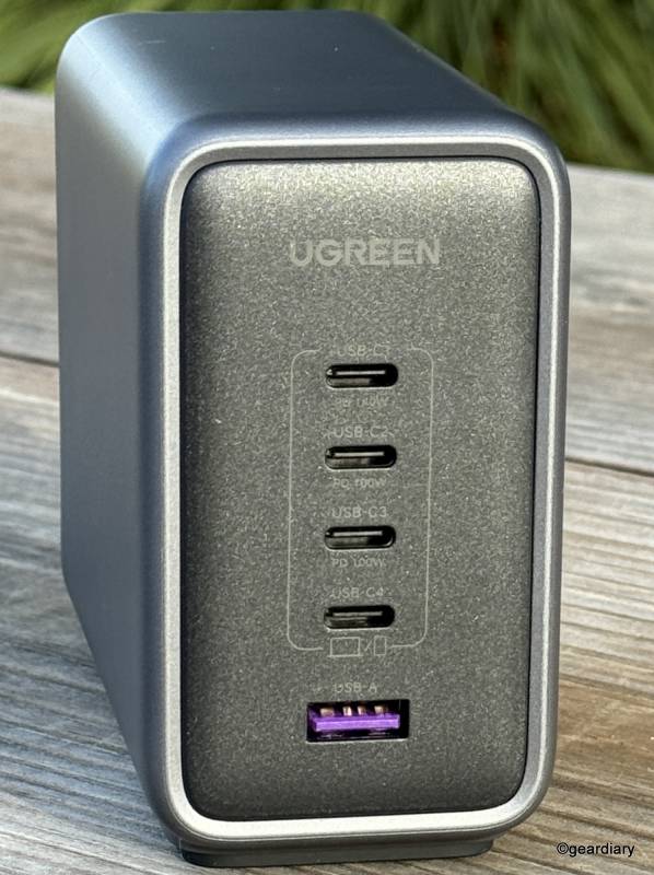 The front of the Ugreen Nexode 300W USB-C GaN Desktop Charger, showing four USB-C port and one USB-A port.
