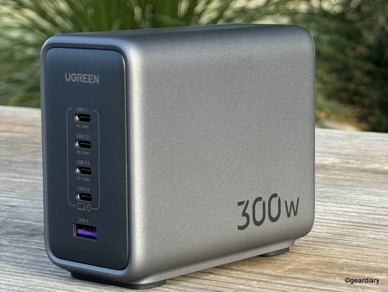 The front and right side of the Ugreen Nexode 300W USB-C GaN Desktop Charger showing the four USB-C and one USB-A charging ports. 