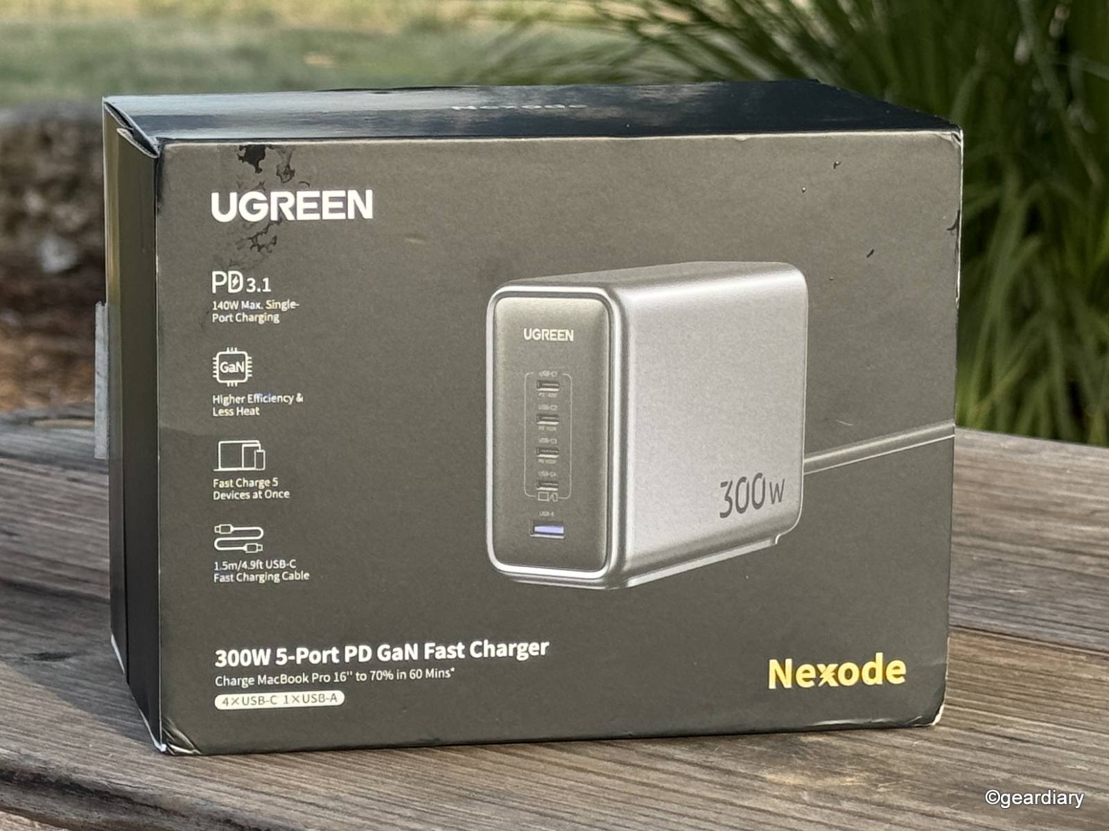 The Ugreen Nexode 300W USB-C GaN Desktop Charger retail box.