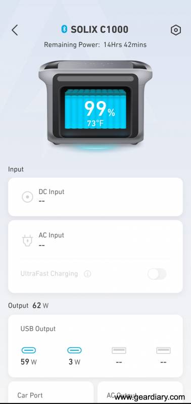 Anker app showing controls for the Anker SOLIX C1000 Portable Power Station