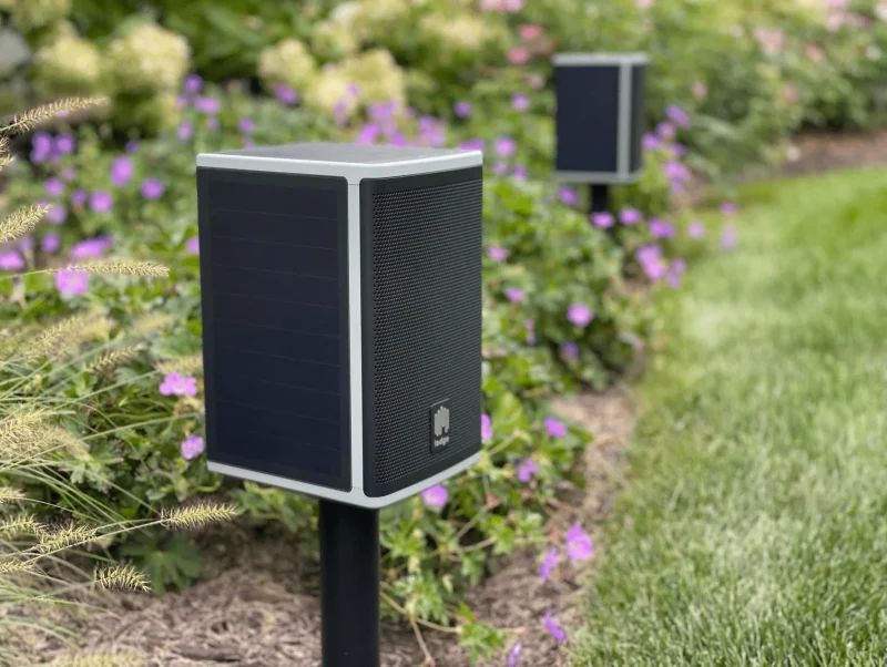 solar-powered lodge Speaker 4 Series mounted on the included stakes