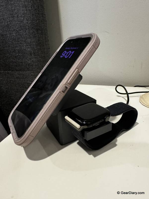The author's Apple Watch and iPhone charging on the Anker 3-in-1 Cube with MagSafe; there is also a spot to charge AirPods if you have them