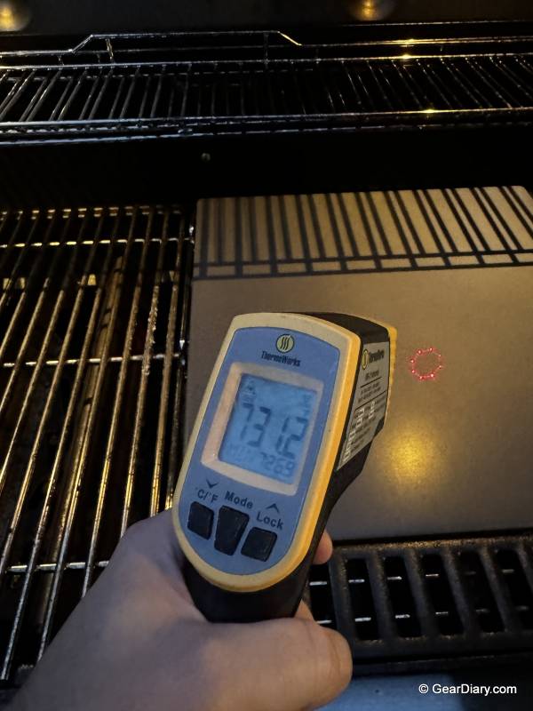 Checking the temperature of the Weber Crafted pizza stone with a Thermoworks thermometer.