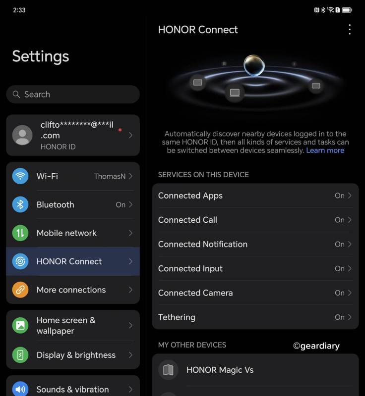 Honor Magic V2 Settings screen