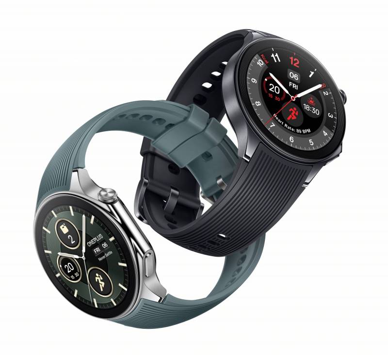 OnePlus Watch 2 in Black Steel (black band) and Radiant Steel (green band)