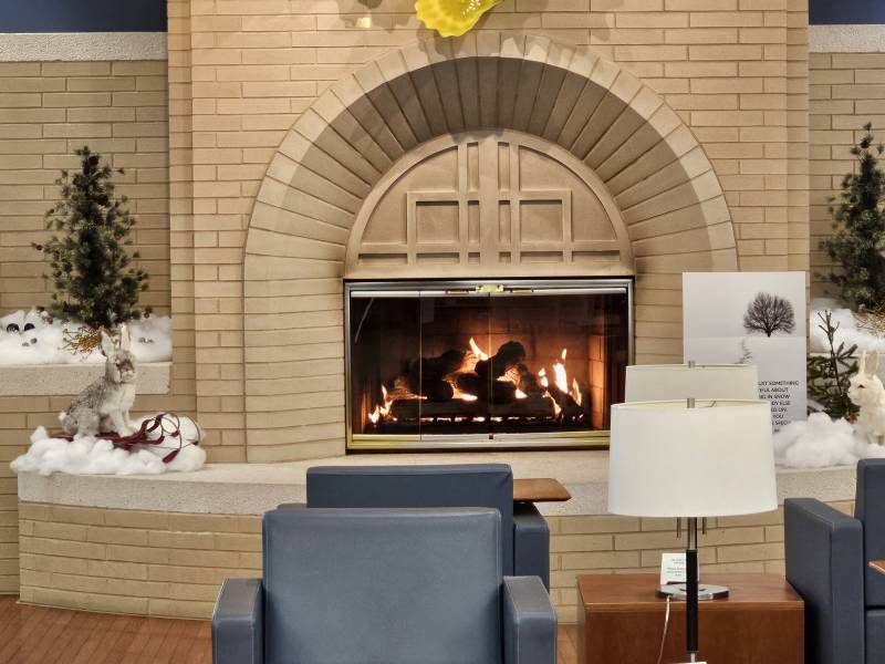 A fireplace is located in a library.