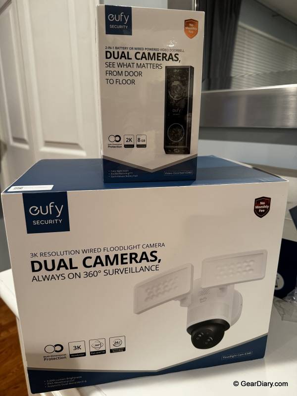 Eufy Security Video Doorbell and Floodlight Cam E340 in retail boxes